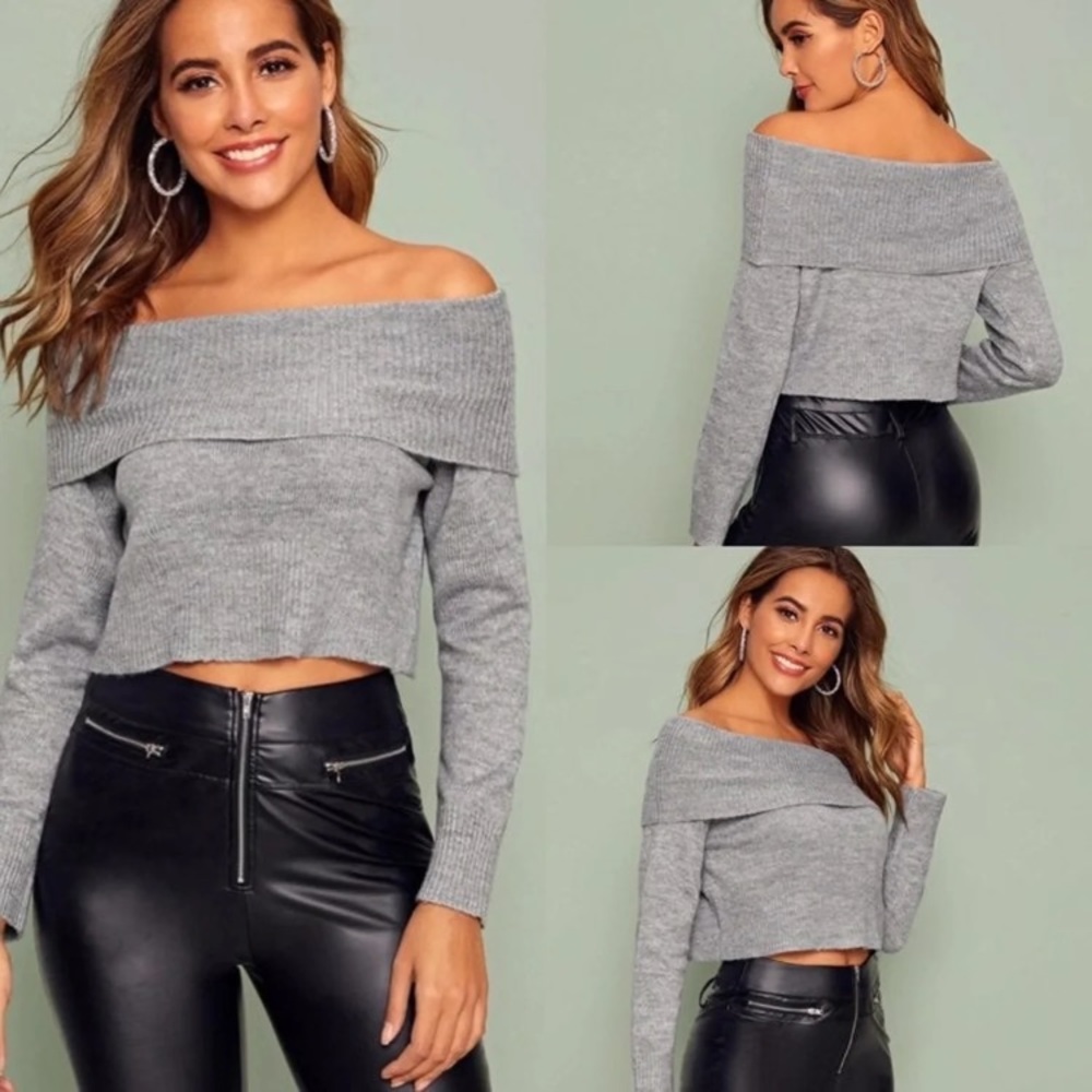 Gray Off the Shoulder Cropped Sweater